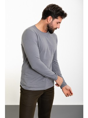 Düz Antrasit Slim Fit Bisiklet Yaka Uzun Kollu Erkek T-Shirt