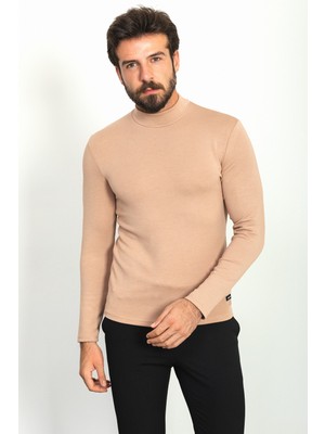 MCR Düz Bej Rengi Slim Fit Yarım Balıkçı Yaka Uzun Kollu Erkek T-Shirt