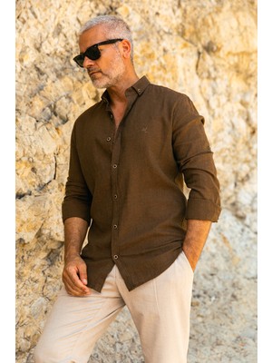 Düz Kahverengi Slim Fit Basic Keten Erkek Gömlek