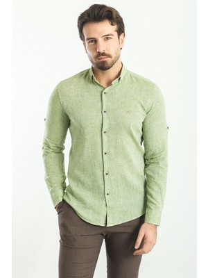Düz Yeşil Rengi Slim Fit Basic Keten Erkek Gömlek