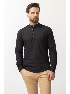 Desenli Siyah Renk Slim Fit Hakim Yaka Keten Erkek Gömlek