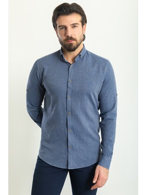 MCR Düz Indigo Rengi Slim Fit Basic Keten Erkek Gömlek