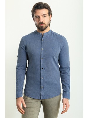 Düz Indigo Rengi Slim Fit Hakim Yaka Basic Keten Erkek Gömlek