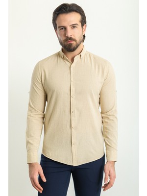 Düz Bej Rengi Slim Fit Basic Keten Erkek Gömlek