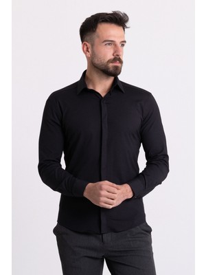 Desenli Siyah Renk Slim Fit Gizli Düğmeli Klasik Erkek Gömlek