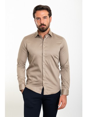 Düz Vizon Rengi Slim Fit Polikort Yaka Klasik Erkek Gömlek