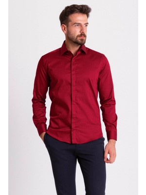 Düz Bordo Renk Slim Fit Polikort Yaka Klasik Erkek Gömlek
