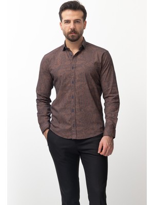 Desenli Kamel Rengi Slim Fit Erkek Gömlek