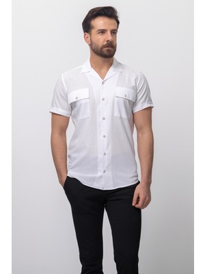 Kırcıllı Cep Detaylı Beyaz Renk Slim Fit Kısa Kollu Apaç Yaka Keten Erkek Gömlek