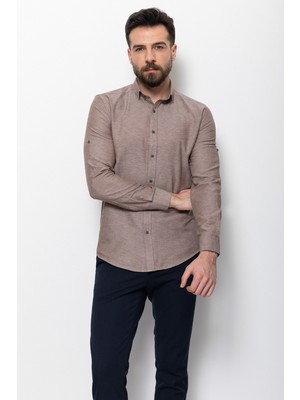Düz Kahverengi Slim Fit Gizli Düğmeli Erkek Gömlek