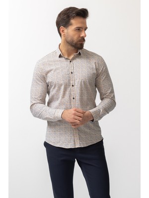 Desenli Bej Rengi Slim Fit Erkek Gömlek