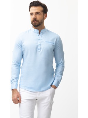 Cep Detaylı Mavi Renk Slim Fit Yarım Patlı Hakim Yaka Erkek Gömlek