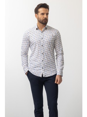 Desenli Kamel Renk Slim Fit Erkek Gömlek