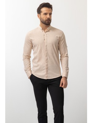 Düz Bej Rengi Slim Fit Hakim Yaka Keten Erkek Gömlek