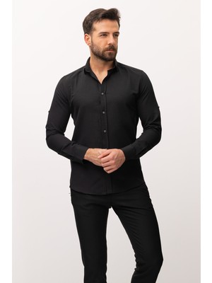 Düz Siyah Renk Slim Fit Klasik Erkek Gömlek