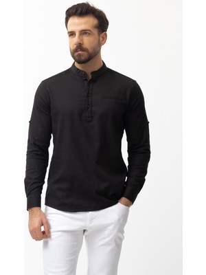 Cep Detaylı Siyah Renk Slim Fit Yarım Patlı Hakim Yaka Erkek Gömlek