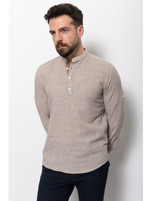 Kahverengi Slim Fit Yarım Patlı Erkek Gömlek
