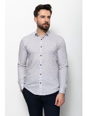 Desenli Bej Rengi Slim Fit Erkek Gömlek