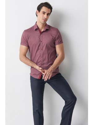 Desenli Bordo Renk Slim Fit Kısa Kollu Erkek Gömlek
