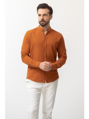 Düz Taba Rengi Slim Fit Hakim Yaka Erkek Gömlek