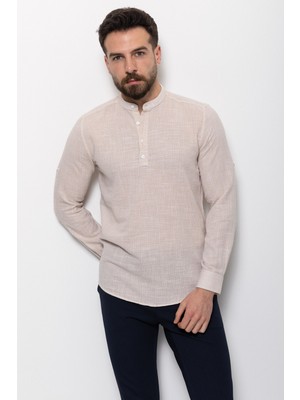 Dokulu Kamel Rengi Slim Fit Yarım Patlı Hakim Yaka Erkek Gömlek