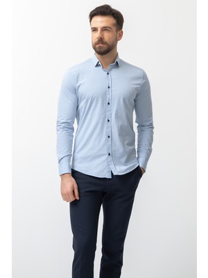 Desenli Mavi Renk Slim Fit Erkek Gömlek