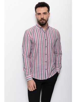 Cizgili Bordo Renk Slim Fit Erkek Gömlek