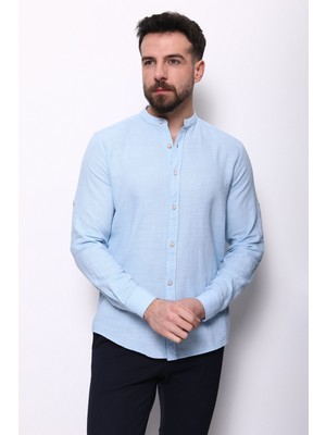 Düz Mavi Renk Slim Fit Hakim Yaka Erkek Gömlek