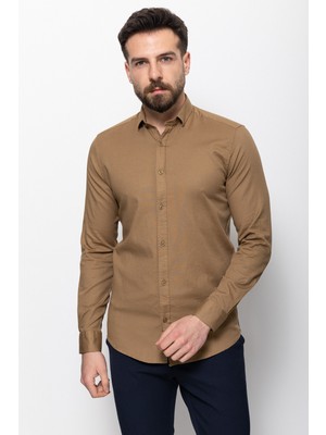 Düz Hardal Renk Slim Fit Erkek Gömlek