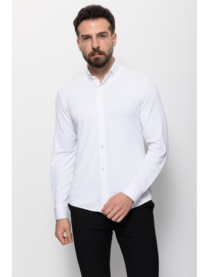 Desenli Beyaz Renk Slim Fit Klasik Erkek Gömlek
