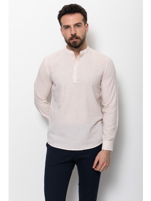 Dokulu Bej Rengi Slim Fit Yarım Patlı Hakim Yaka Erkek Gömlek