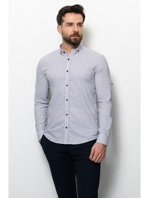 Kareli Beyaz Renk Slim Fit Keten Erkek Gömlek