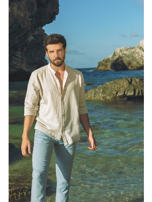 Düz Taş Rengi Slim Fit Hakim Yaka Erkek Gömlek