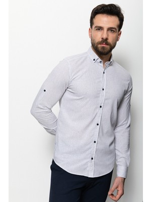 Çizgili Beyaz Renk Slim Fit Keten Erkek Gömlek