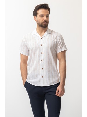 Yaprak Desenli Bej Rengi Slim Fit Apaç Yaka Kısa Kollu Erkek Gömlek
