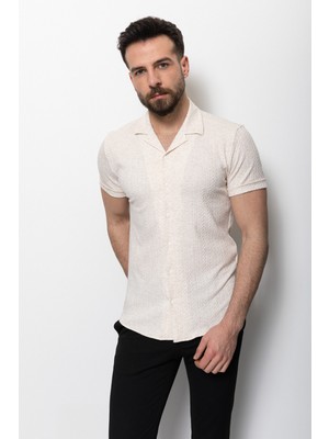 Desenli Bej Rengi Slim Fit Apaç Yaka Kısa Kollu Erkek Gömlek