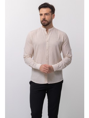 Düz Bej Rengi Slim Fit Hakim Yaka Erkek Gömlek