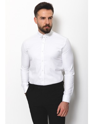 Desenli Beyaz Renk Slim Fit Yaka İğneli Klasik Erkek Gömlek