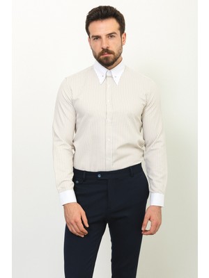 Çizgili Bej Rengi Slim Fit Sivri Yaka Klasik Erkek Gömlek