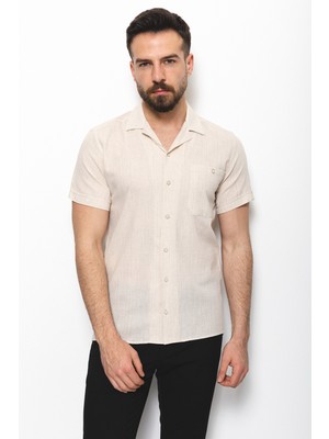 Desenli Bej Rengi Slim Fit Kısa Kollu Erkek Gömlek