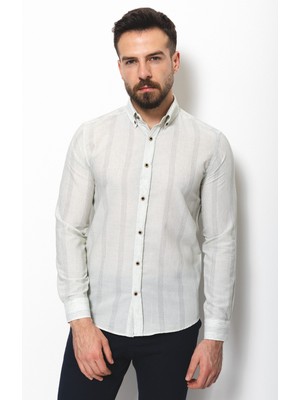 Çizgili Açık Yeşil Slim Fit Keten Erkek Gömlek