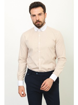 Çizgili Bej Rengi Slim Fit Bebe Yaka Klasik Erkek Gömlek