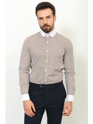 Çizgili Kahverengi Slim Fit Bebe Yaka Klasik Erkek Gömlek