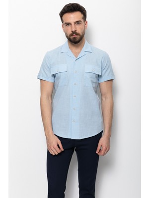 Desenli Mavi Renk Slim Fit Kısa Kollu Apaç Yaka Erkek Gömlek