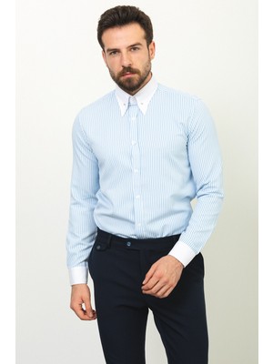 Çizgili Mavi Renk Slim Fit Sivri Yaka Klasik Erkek Gömlek