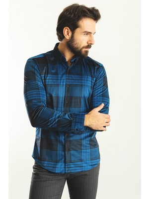Desenli Koyu Lacivert Slim Fit Erkek Gömlek