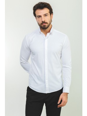 Desenli Beyaz Renk Slim Fit Klasik Erkek Gömlek