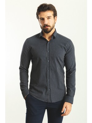 Çizgili Koyu Lacivert Slim Fit Erkek Gömlek