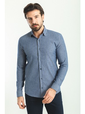 Çizgili Açık Lacivert Slim Fit Erkek Gömlek