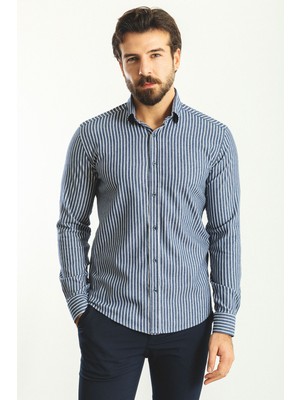 Çizgili Indigo Rengi Slim Fit Erkek Gömlek